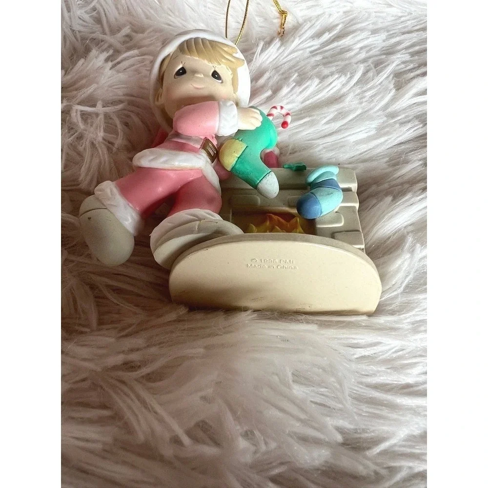 Precious Moments Ornament 1996 Pink Santa Fireplace Stocking Vintage